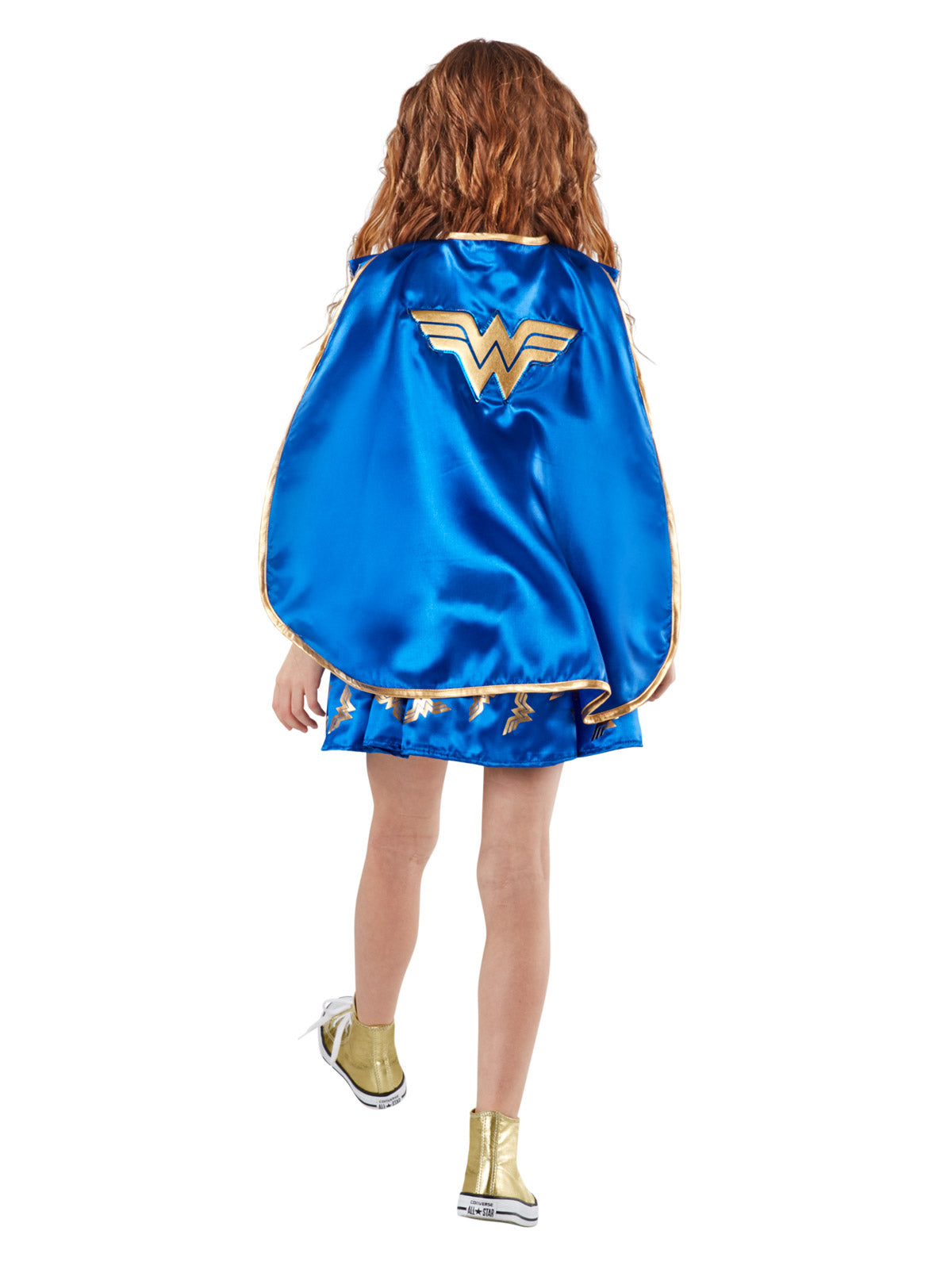 Back view of a girl in the Wonder Woman Premium costume showing the blue cape and satin skirt