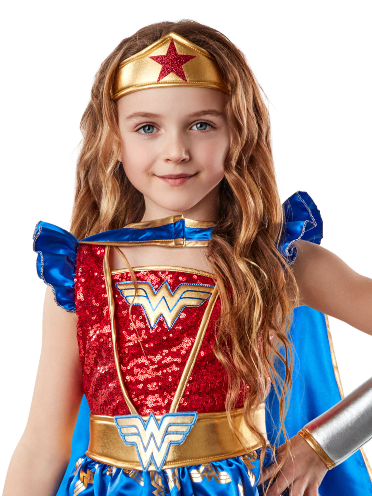 Close-up of the Wonder Woman Premium sequin bodice, gold belt and star tiara on a girl