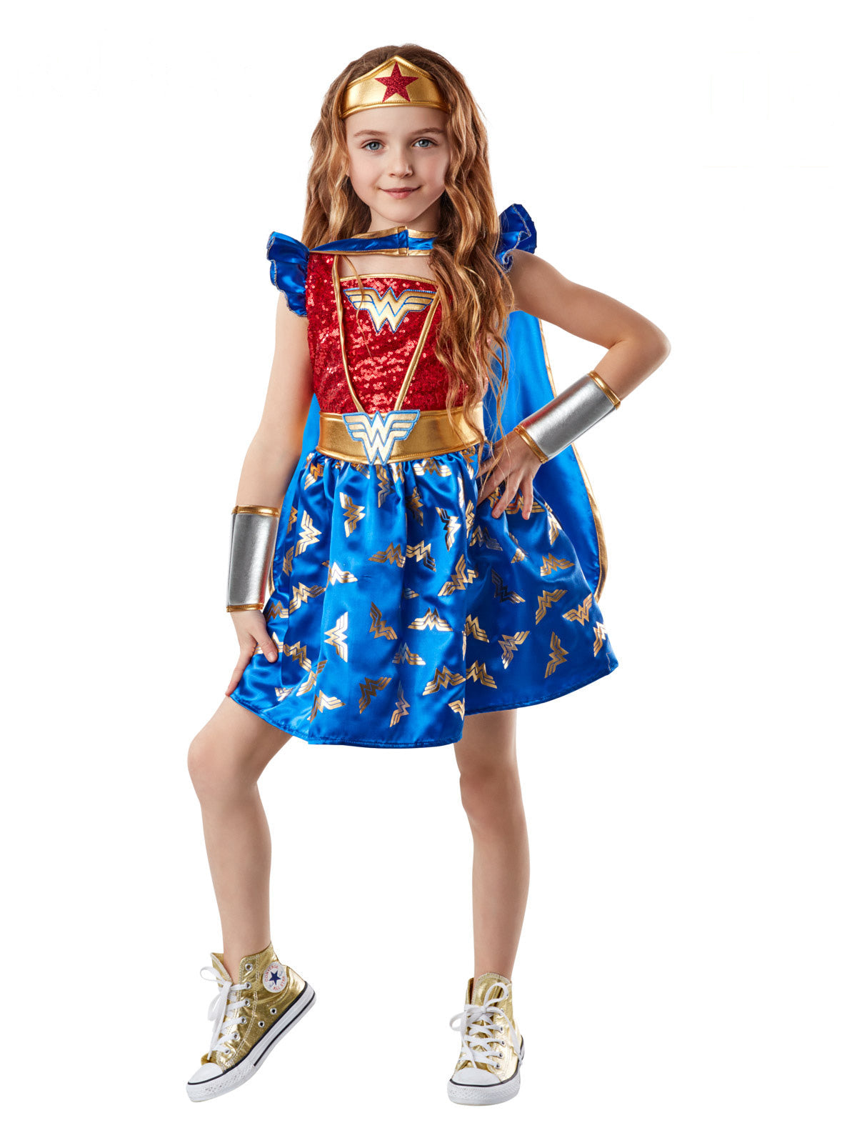 Girl in the Wonder Woman Premium costume, a blue tutu dress with sequin bodice, gauntlets and cape