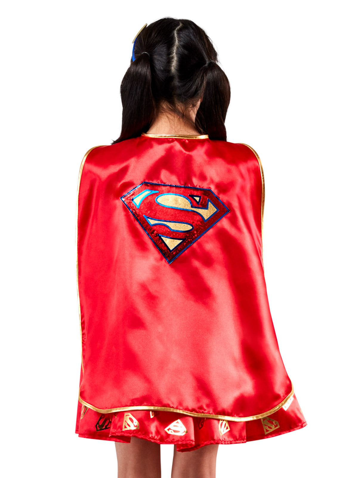 Back view of the red Supergirl cape with gold trim and a printed S logo
