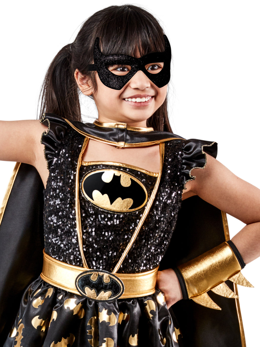 Close-up of the premium Batgirl sequin bodice with gold bat emblem, gold belt, gauntlet and glitter mask