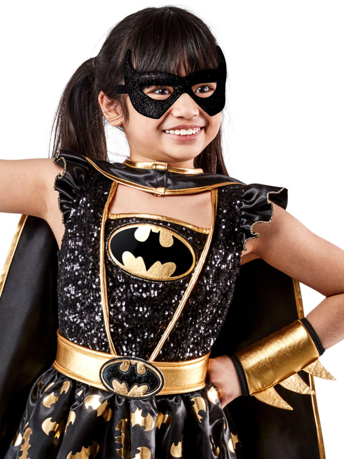 Close-up of the premium Batgirl sequin bodice with gold bat emblem, gold belt, gauntlet and glitter mask