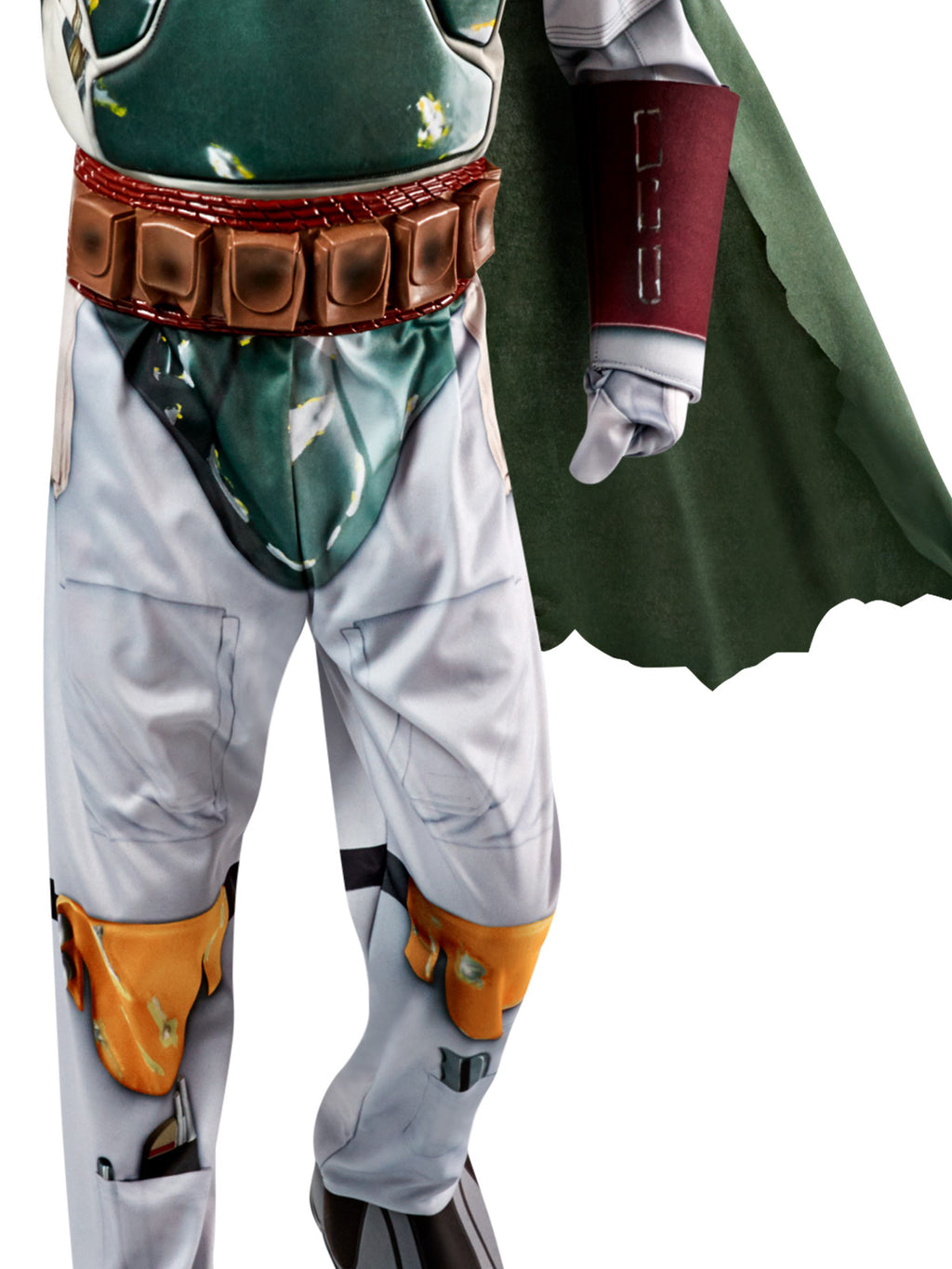 Close-up of the premium Boba Fett belt, knee pads, gauntlet and boot tops