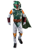 Boy in premium Boba Fett costume with green armour, gauntlets, belt, green cape and helmet mask