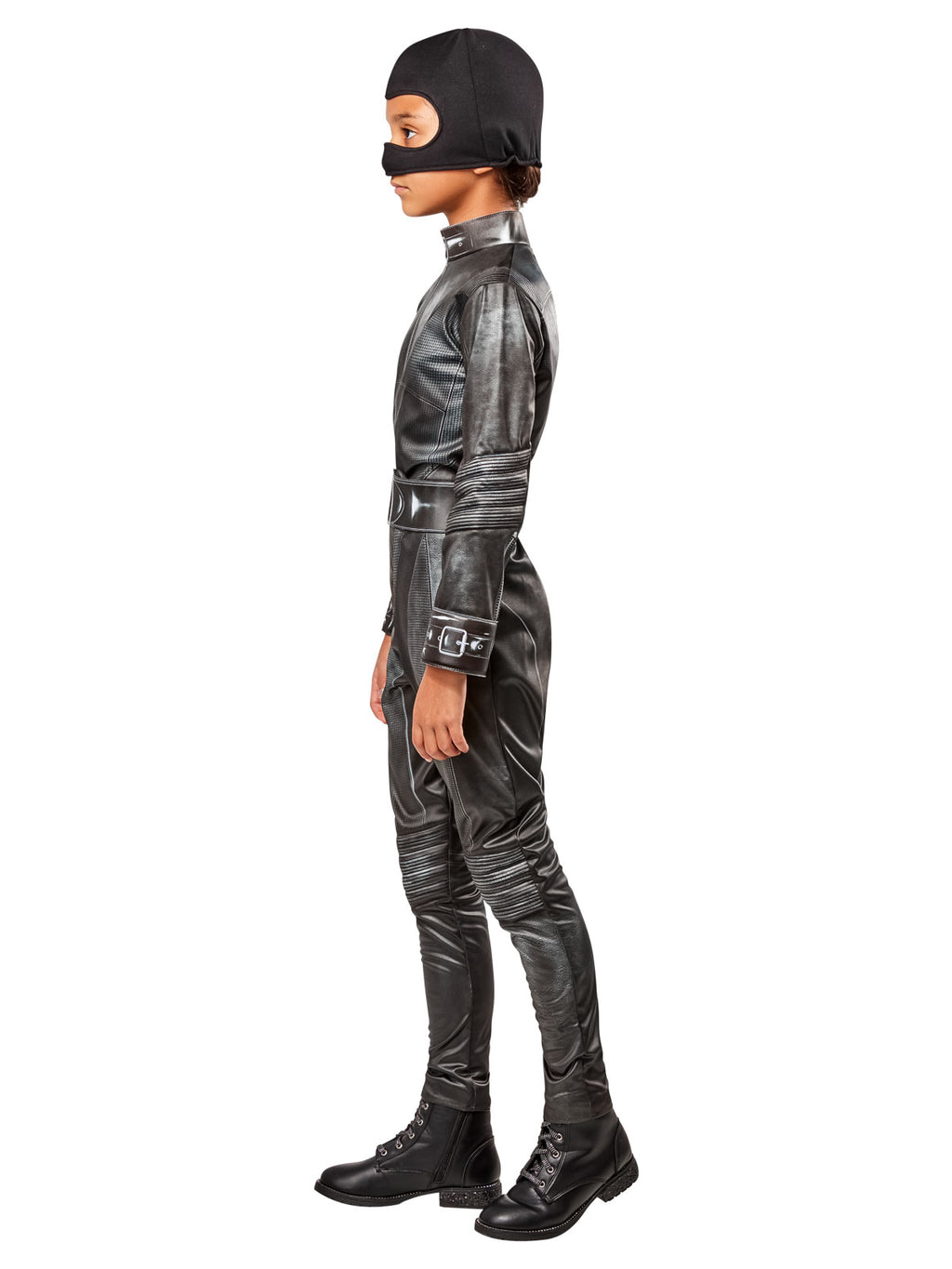 Side view of the Selina Kyle Catwoman jumpsuit with foam-backed collar and cuffs