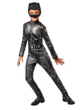 Girl wearing a Selina Kyle Catwoman jumpsuit with padded knees, shiny belt and fleecy cat-ear headpiece