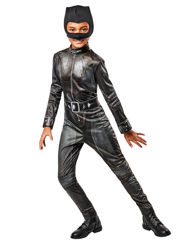 Girl wearing a Selina Kyle Catwoman jumpsuit with padded knees, shiny belt and fleecy cat-ear headpiece
