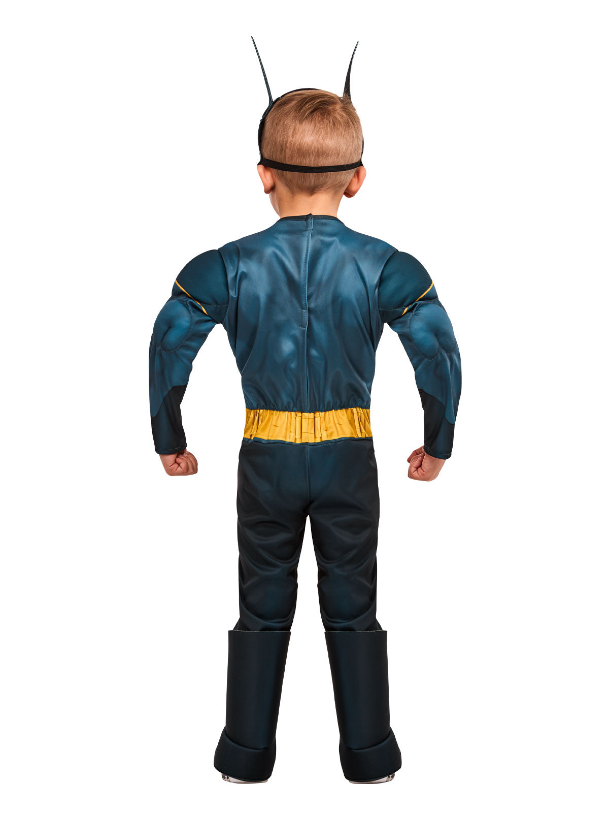 Back view of the Super Pets Batman muscle jumpsuit with yellow belt and boot tops