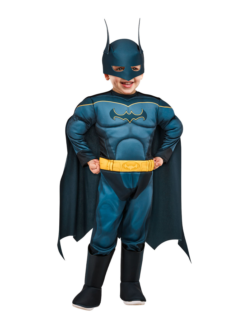Toddler in blue DC Super Pets Batman muscle jumpsuit with yellow belt, boot tops, cape and bat-ear mask