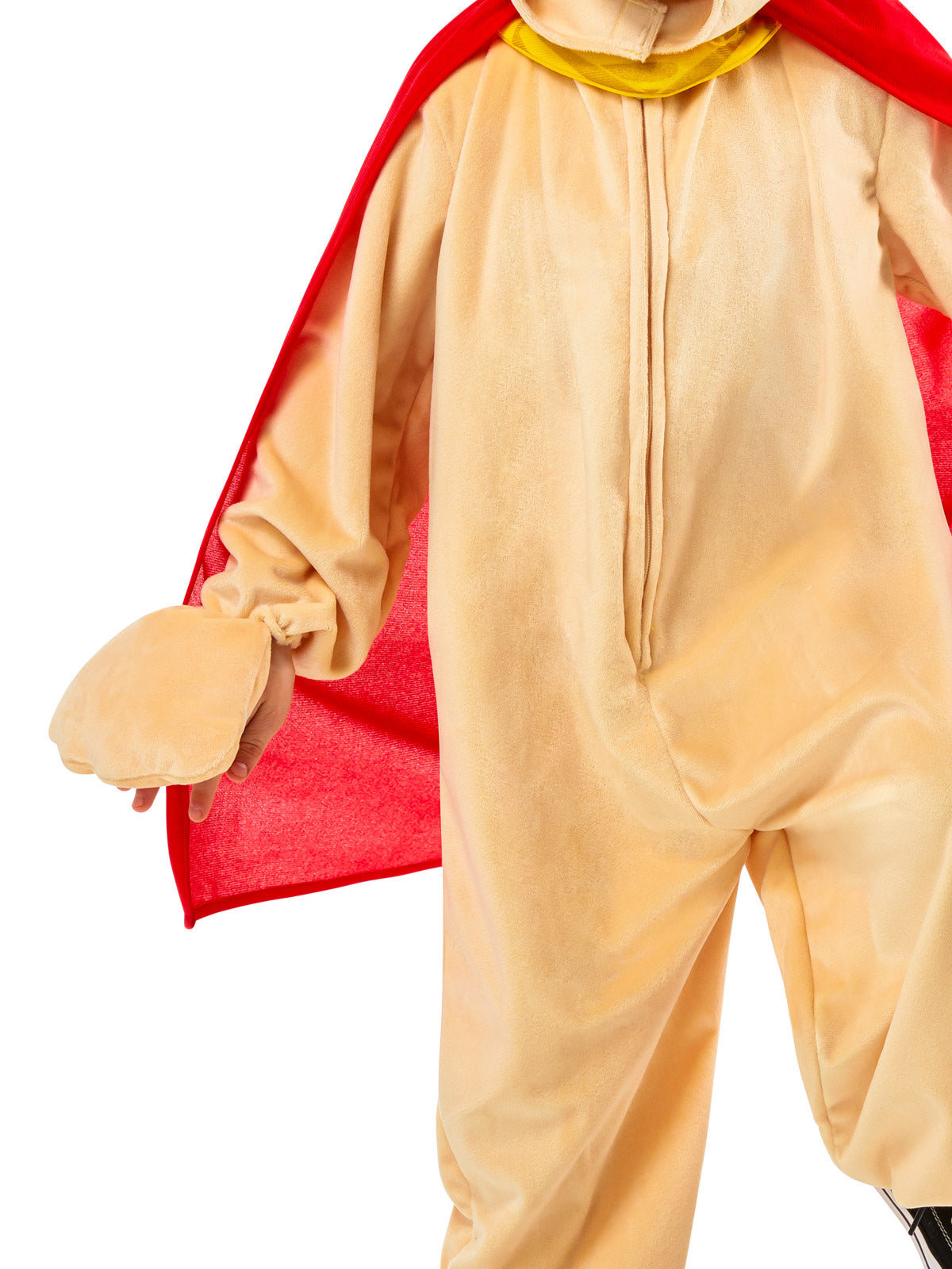 Close-up of the Krypto jumpsuit in tan plush with paw hand covers and red cape