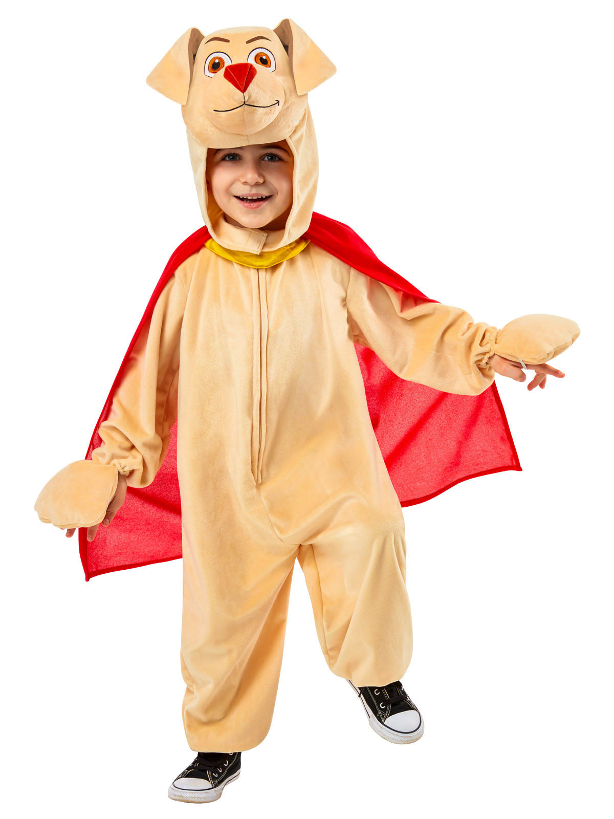 Toddler in the DC League of Super-Pets Krypto Deluxe plush dog jumpsuit with a 3D head and red cape
