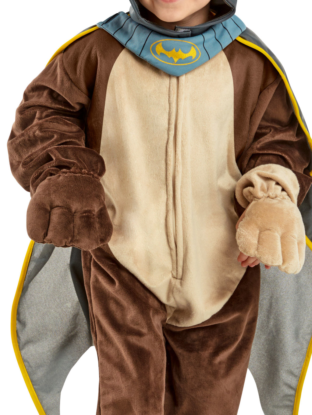 Close-up of the Ace costume's brown and tan jumpsuit, paw hand covers and blue collar with Bat logo