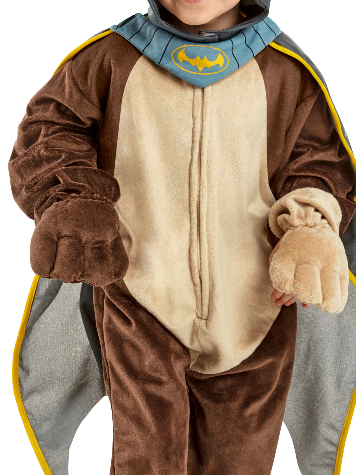Close-up of the Ace costume's brown and tan jumpsuit, paw hand covers and blue collar with Bat logo