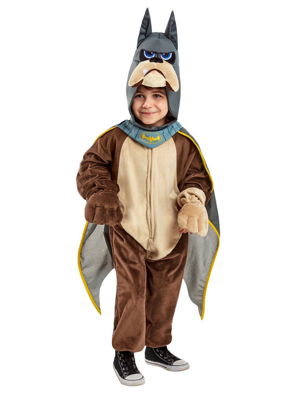 Boy in brown DC Super Pets Ace jumpsuit with bat-eared dog head and grey cape with yellow trim