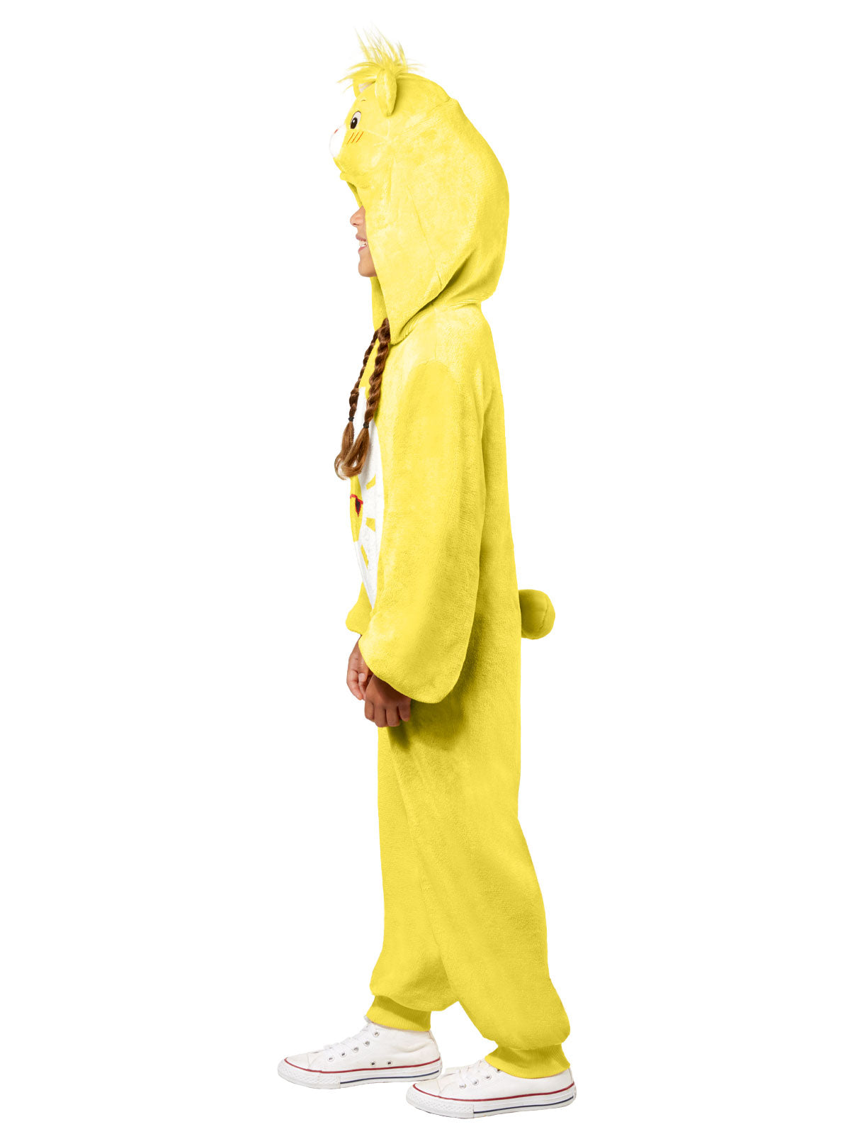 Side view of the yellow Funshine Bear plush jumpsuit with hood and tail