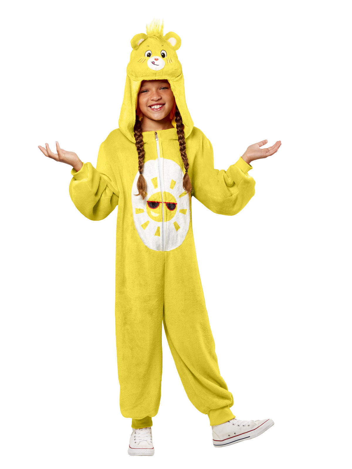 Child in yellow Care Bears Funshine Bear plush jumpsuit with sun belly badge and eared hood