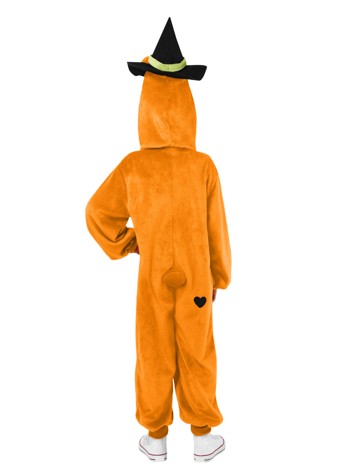 Back view of the orange Trick or Sweet Bear plush jumpsuit with hood and tail