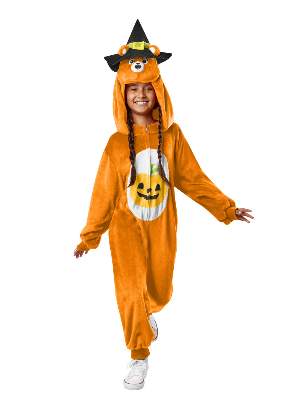 Child in orange Care Bears Trick or Sweet Bear plush jumpsuit with belly badge and eared hood