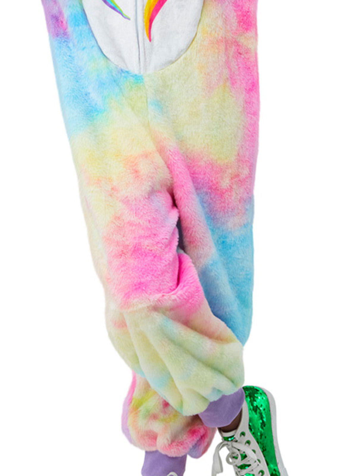 Close-up of the Togetherness Bear jumpsuit's pastel tie-dye plush legs