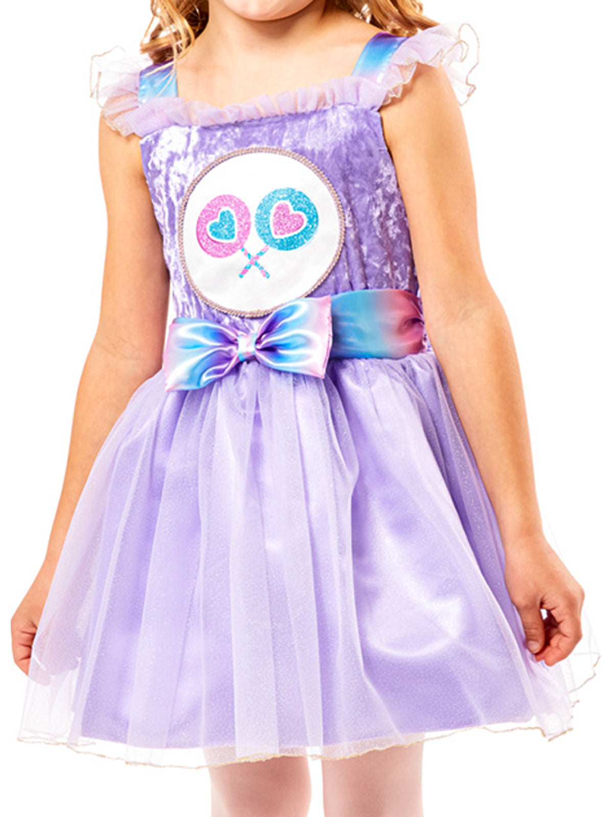 Girl in purple Share Bear tutu dress with lollipop belly badge and rainbow ribbon at the waist