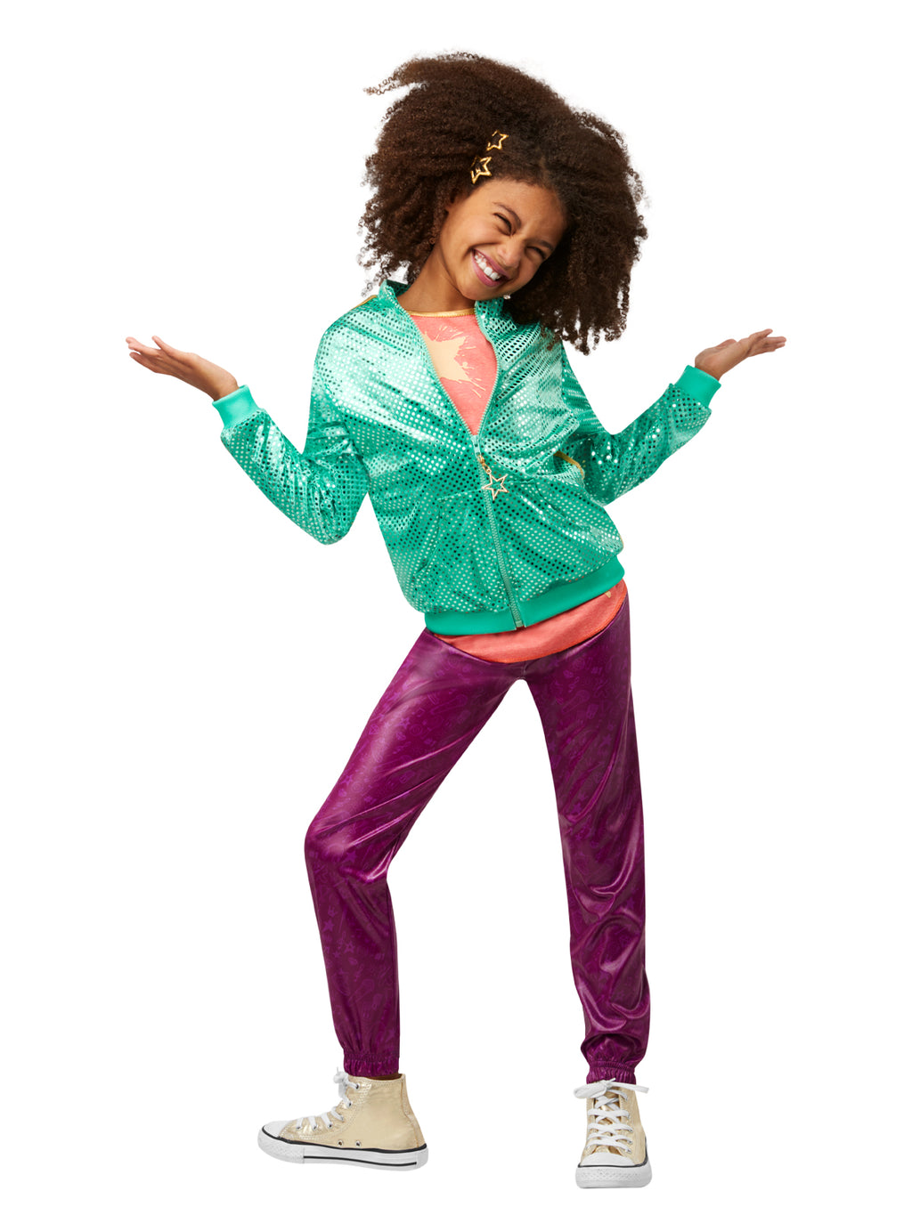Girl dancing in the Karma Deluxe green glitter jacket and printed leggings