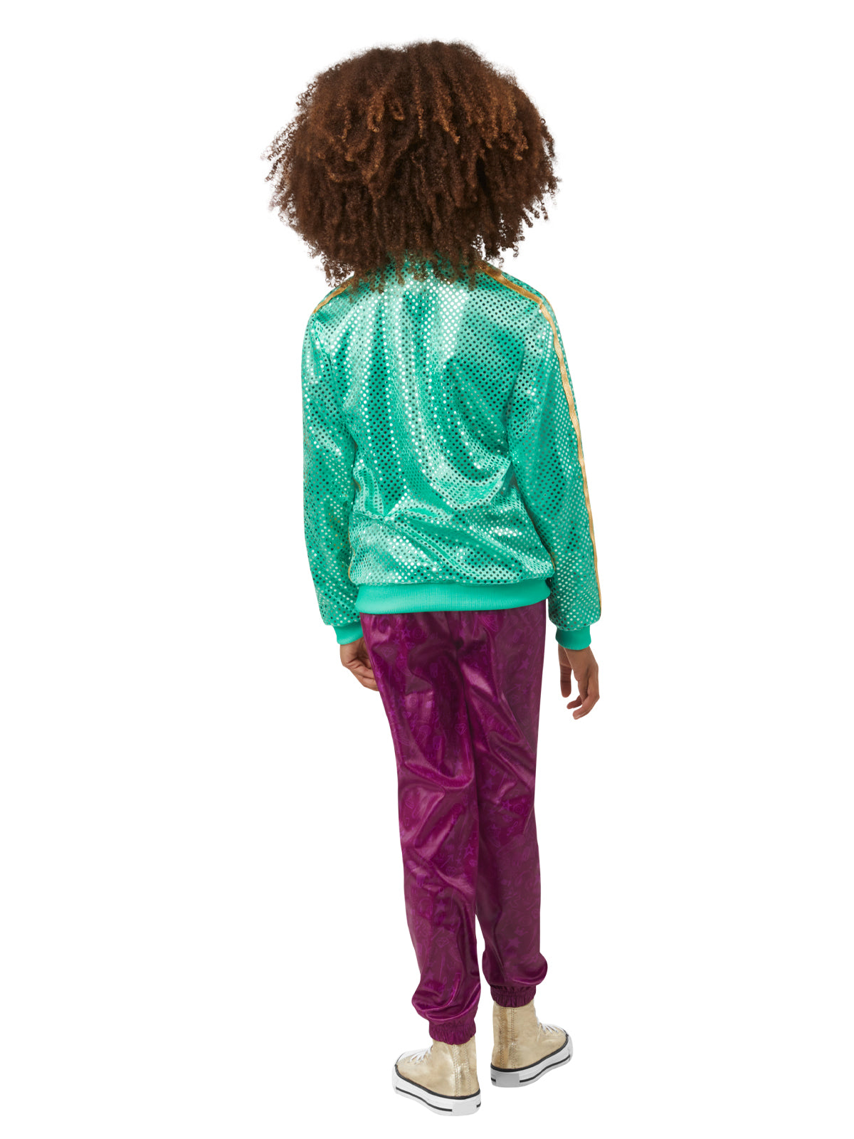 Back view of the Karma Deluxe shiny green jacket and purple leggings