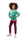 Girl in the Karma's World Karma Deluxe costume with a shiny green jacket, orange top and purple print leggings
