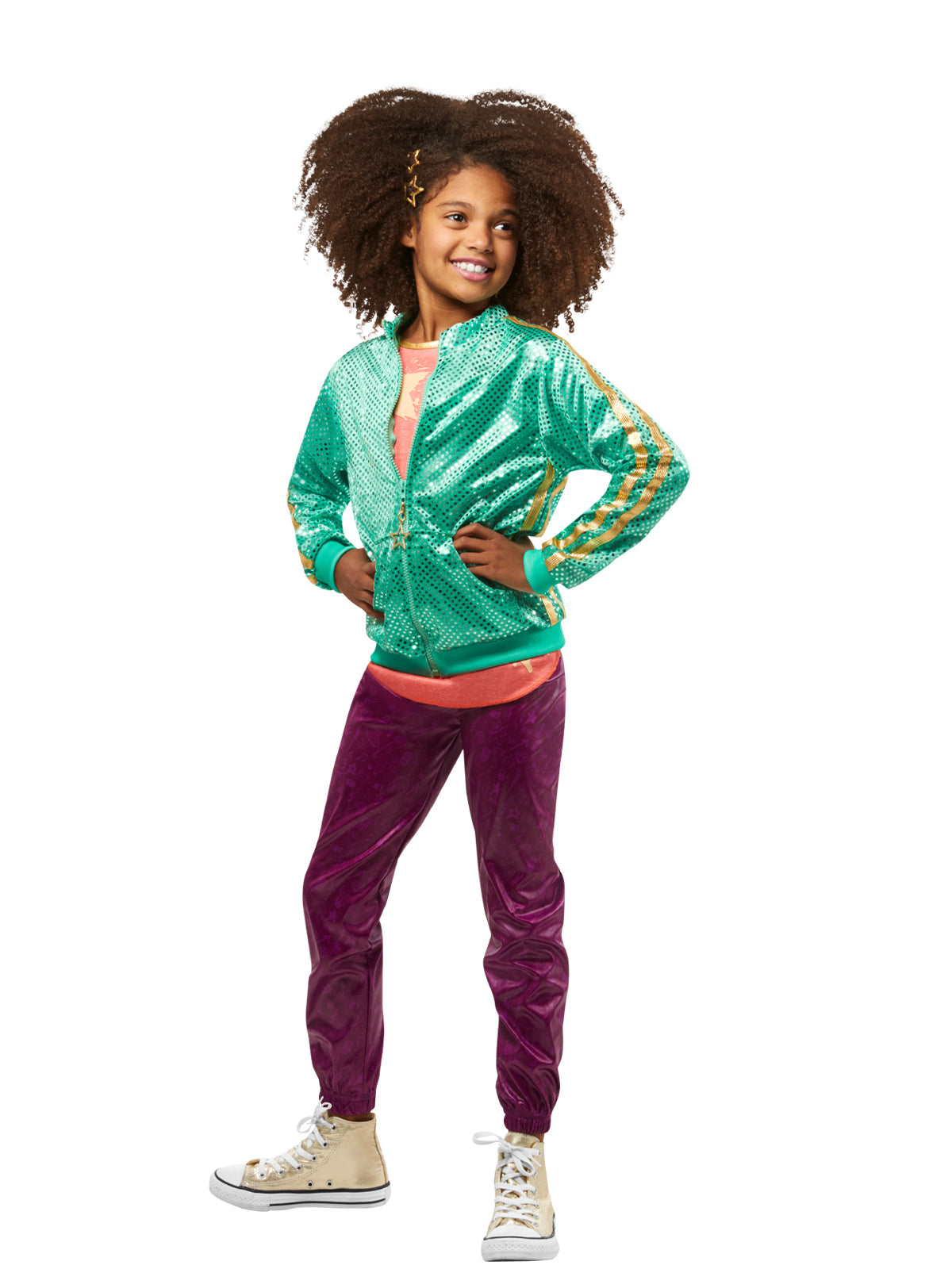 Girl in the Karma's World Karma Deluxe costume with a shiny green jacket, orange top and purple print leggings