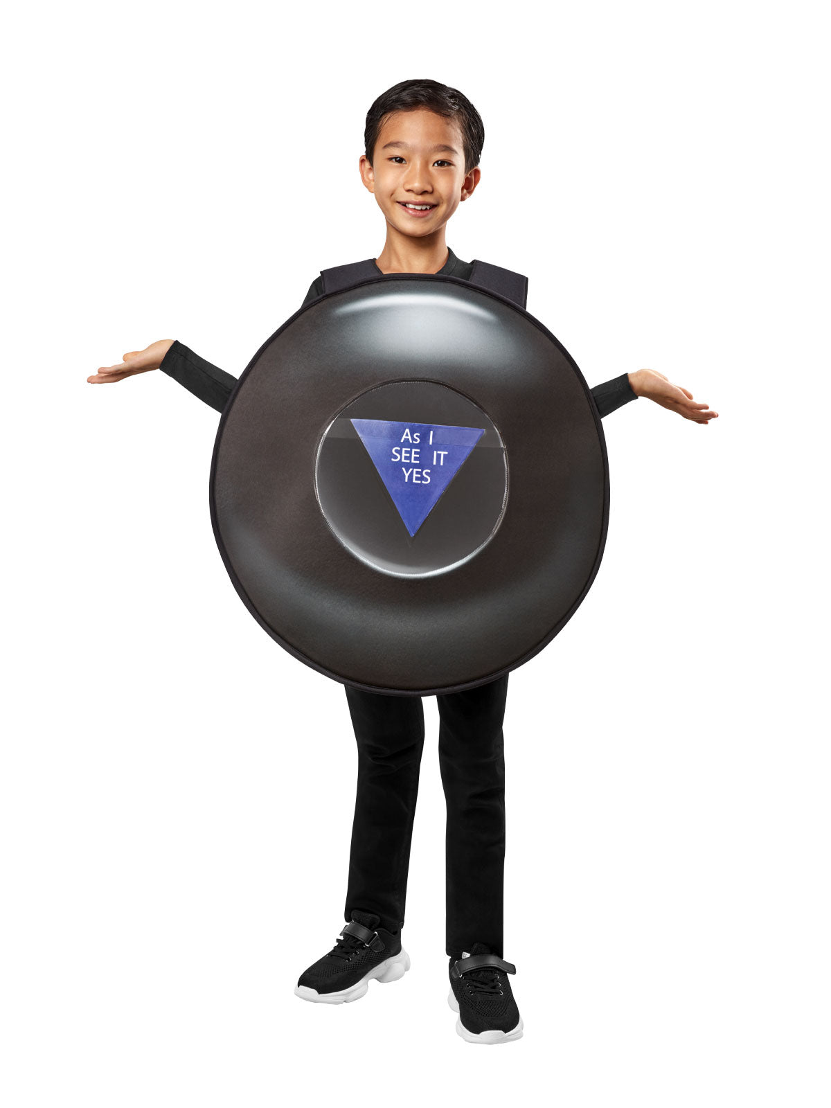 Child wearing the Mattel Magic 8-Ball foam tabard, a black ball with a blue answer window