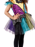 Girl in the Patchwork Witch tutu dress with a purple bodice, cobweb peplum and purple, teal and green tulle skirt