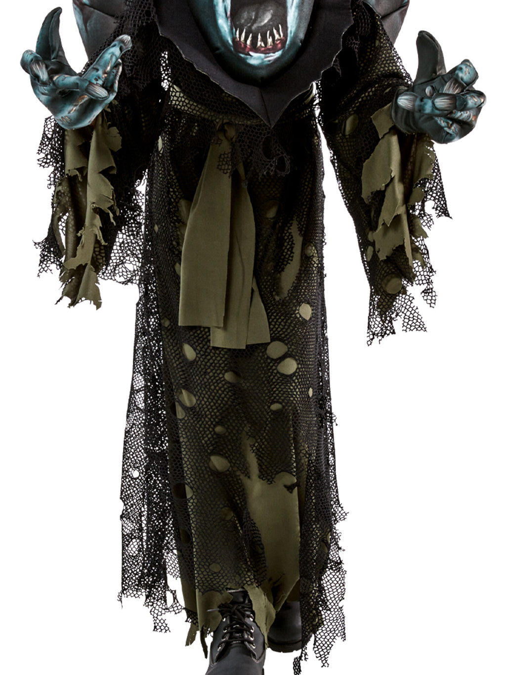 Close-up of the zombie robe's tattered mesh overlay, waist sash and fibre-filled clawed gloves