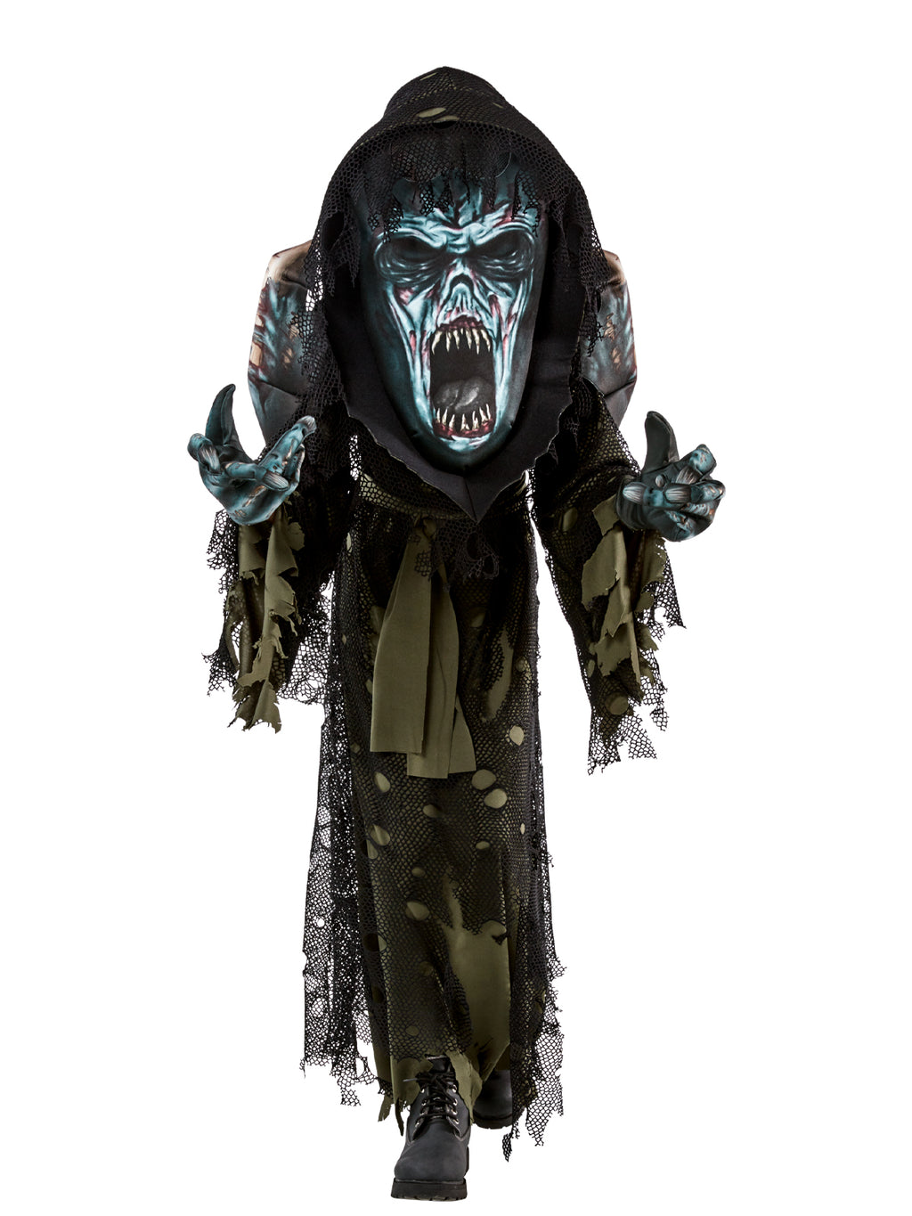 Child in a zombie robe with ripped mesh layers, 3D shoulder pieces, screaming-face hooded mask and clawed gloves