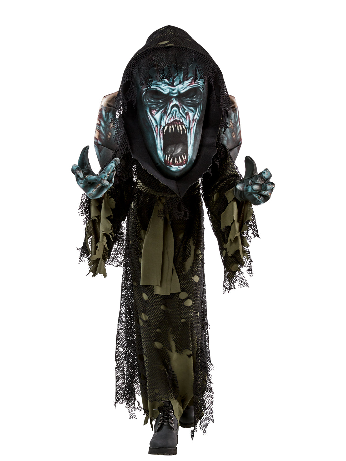 Child in a zombie robe with ripped mesh layers, 3D shoulder pieces, screaming-face hooded mask and clawed gloves