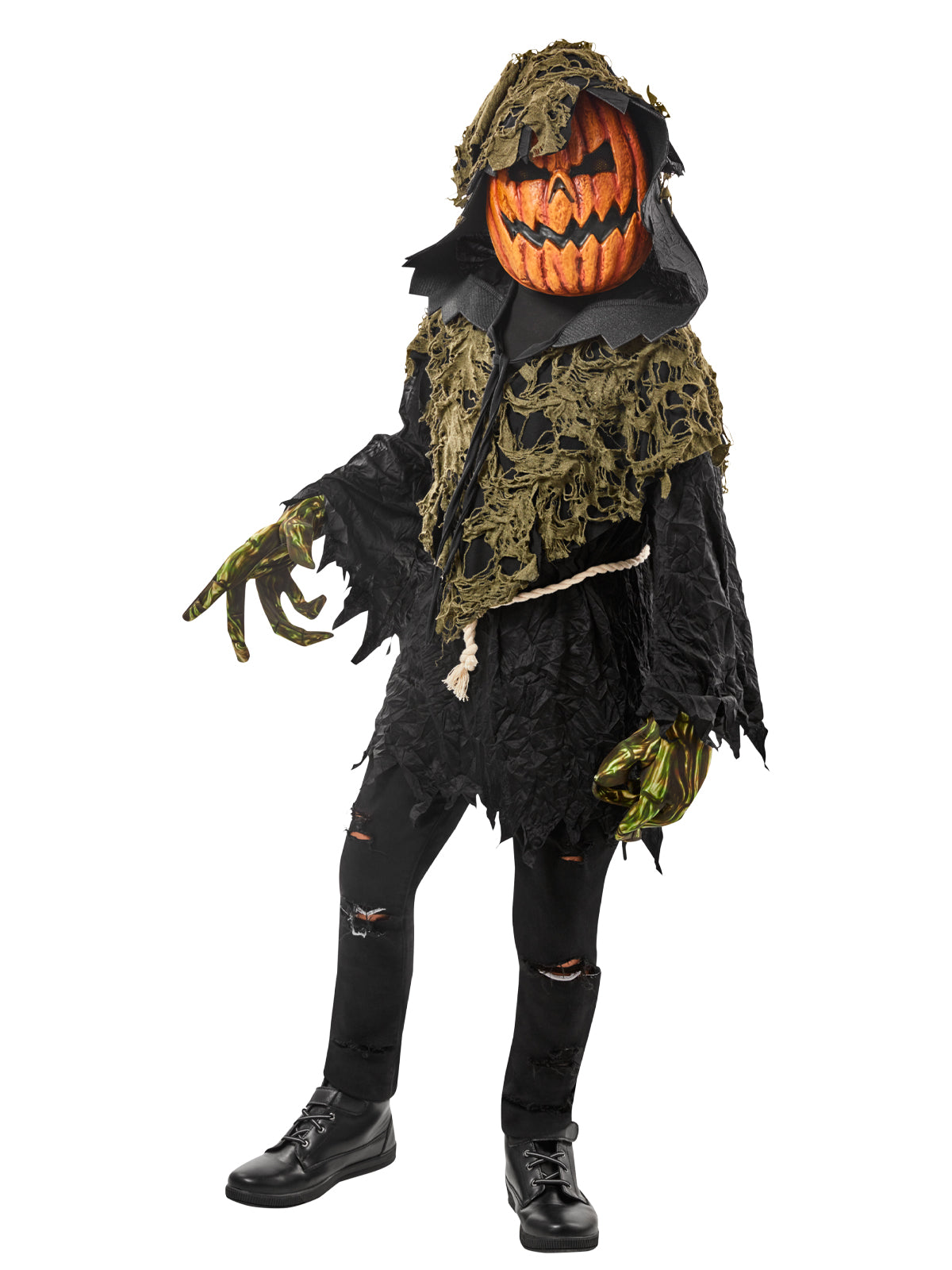 Child posing in the Pumpkin Ghoul costume with oversized pumpkin mask and tattered black and moss robe