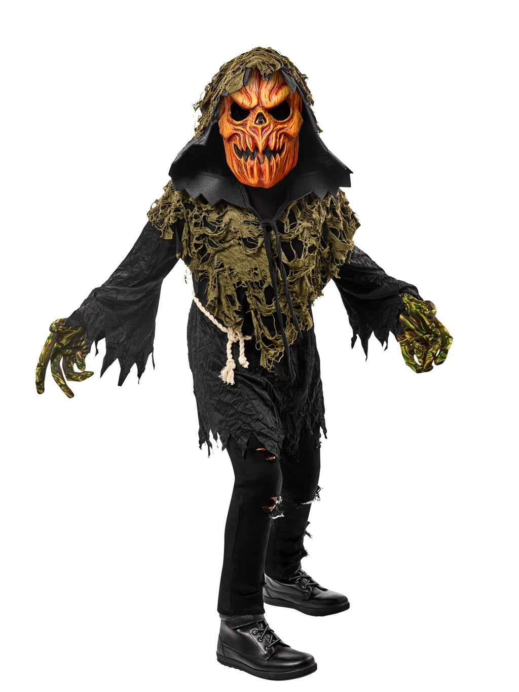 Child in a Pumpkin Ghoul costume with evil pumpkin mask, tattered hooded robe, mesh shawl and rope belt