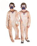 Two children in pug dog jumpsuits with digitally printed fur and pug face masks