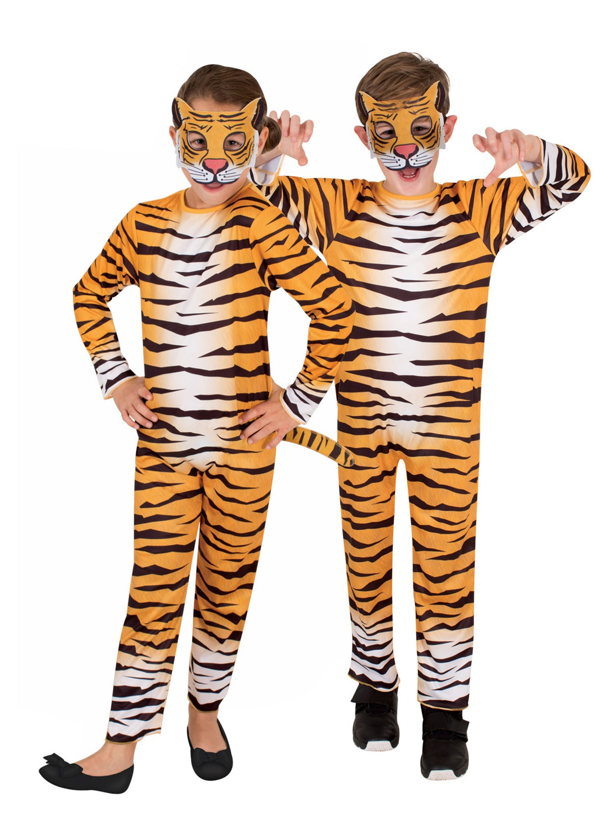 Two children in tiger jumpsuits with digitally printed orange and black fur and tiger face masks
