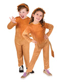 Boy and girl in the orange Lion jumpsuit with a tail and lion ear headband