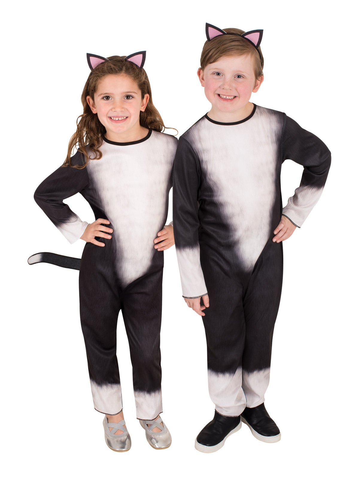 Girl and boy in black and white printed cat jumpsuits with cat ears headbands
