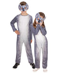 Boy and girl in the grey Koala jumpsuit with printed fur, white front and koala face mask