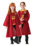 Girl and boy wearing red Gryffindor Quidditch hooded robes with laced fronts and printed emblem