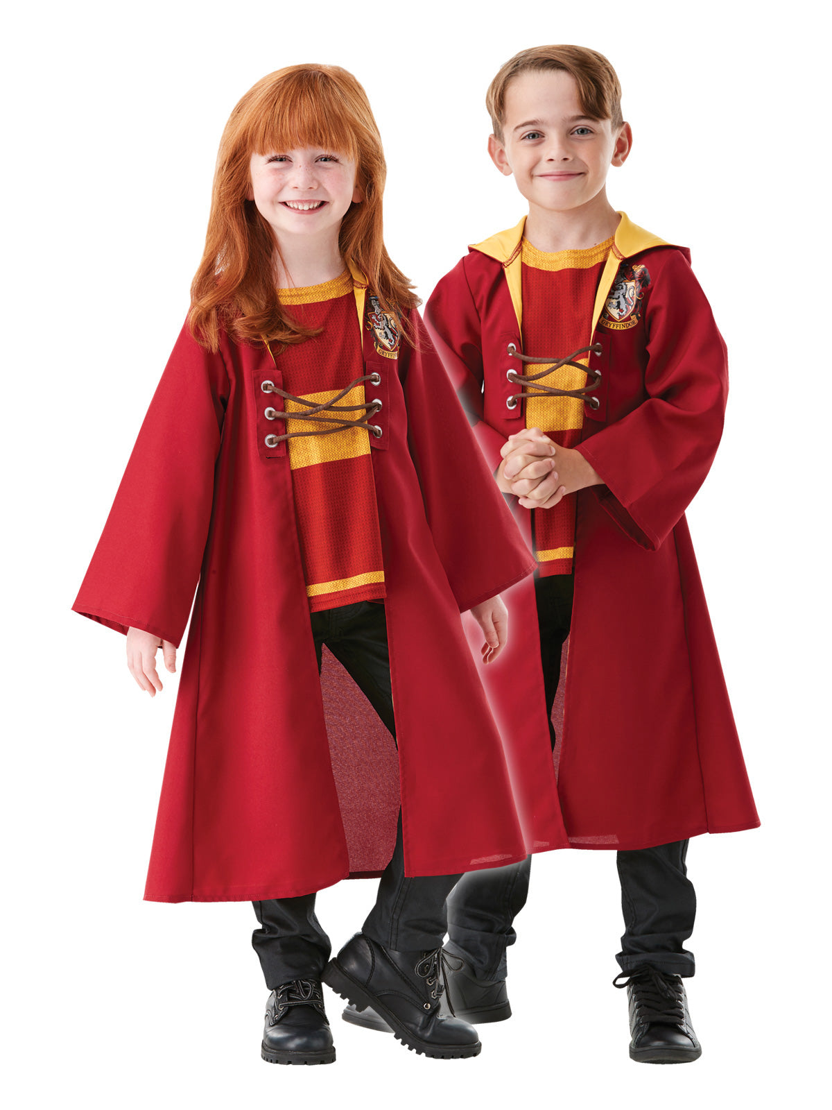 Girl and boy wearing red Gryffindor Quidditch hooded robes with laced fronts and printed emblem