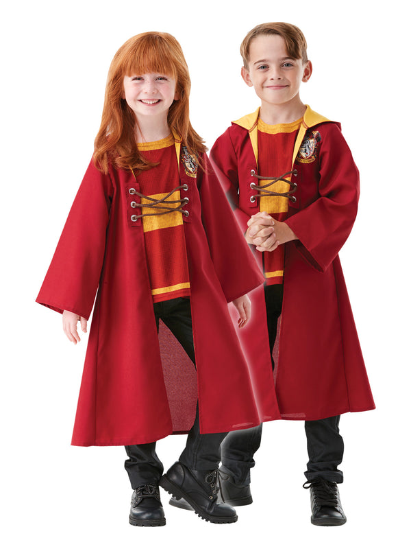 Girl and boy wearing red Gryffindor Quidditch hooded robes with laced fronts and printed emblem