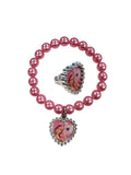 Pink beaded Barbie bracelet with heart charm and matching heart ring