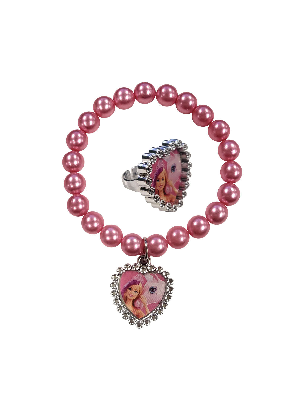 Pink beaded Barbie bracelet with heart charm and matching heart ring