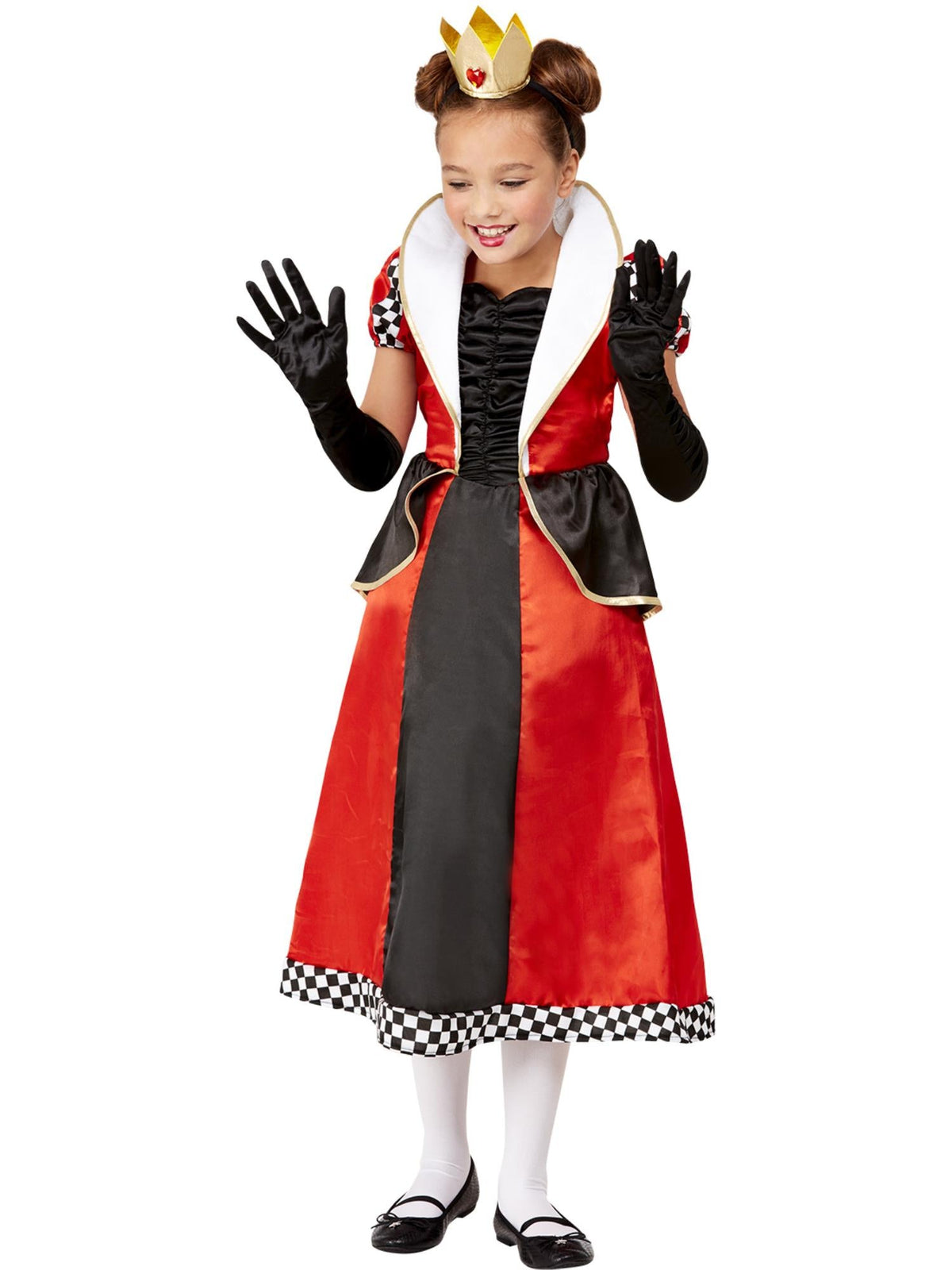 Girl posing in the Queen of Hearts dress with checkered hem, stand-up white collar and crown headband