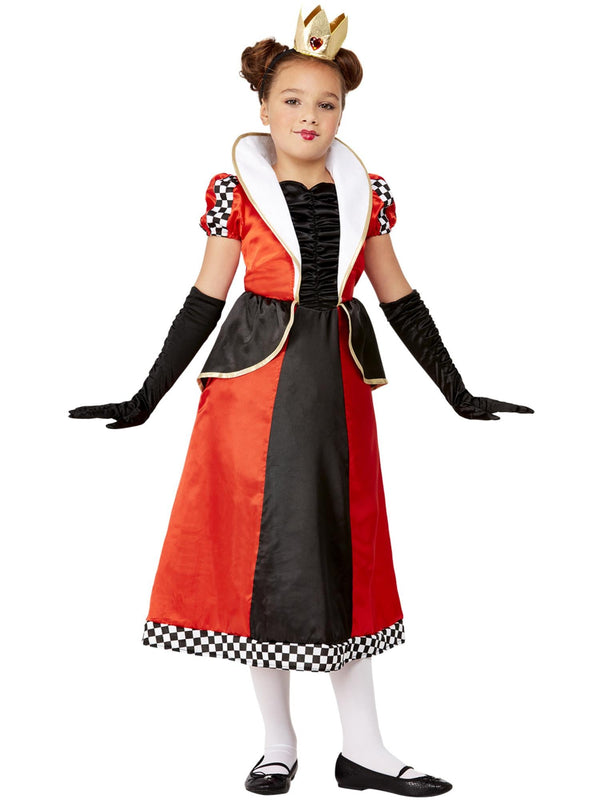 Girl wearing a red, white and black Queen of Hearts satin dress with high collar and mini crown headband