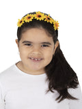 Girl wearing a yellow Wiggles headband with five sunflowers
