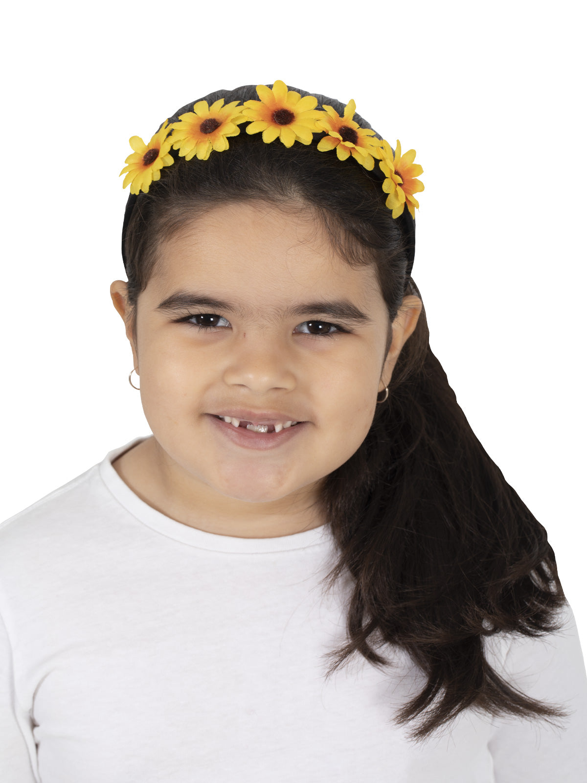 Girl wearing a yellow Wiggles headband with five sunflowers