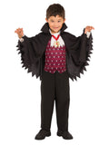 Boy in the Little Vampire costume with a burgundy mock vest shirt, jabot and black scalloped cape